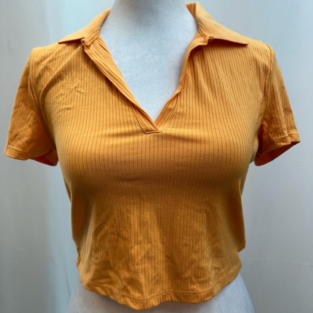 Orange Ribbed Polo Crop Top
